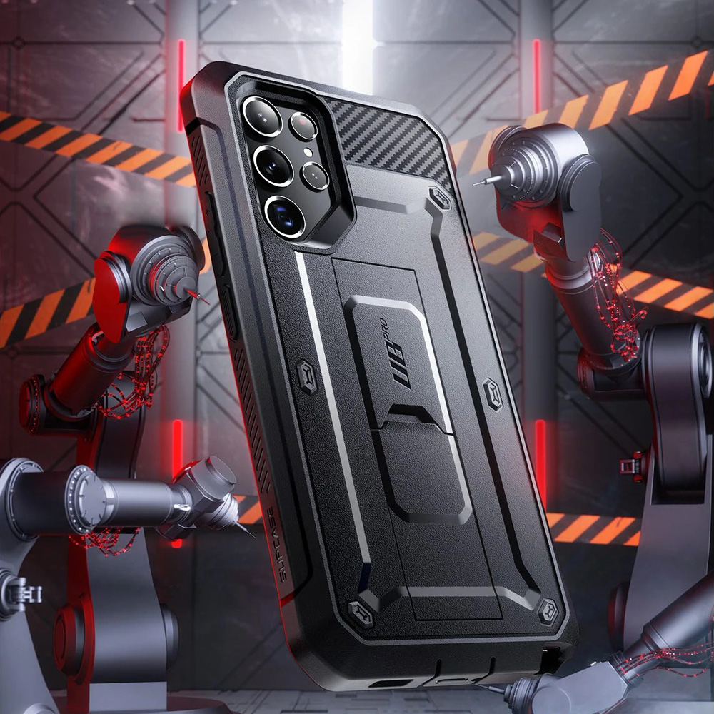 Etui pancerne z osłoną na ekran, z wbudowaną podstawką i kaburą z klipsem obrotowym Supcase Unicorn Beetle Pro do Galaxy S22 Ultra